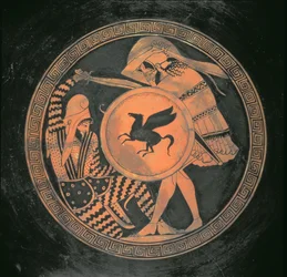Rote Figur Kylix, Darstellung einer Kampfszene zwischen einem Hopliten mit einem runden Schild mit Pegasus-Motiv und einem bärtigen, liegenden Perser, Attisch, Griechisch, 460 v. Chr.
